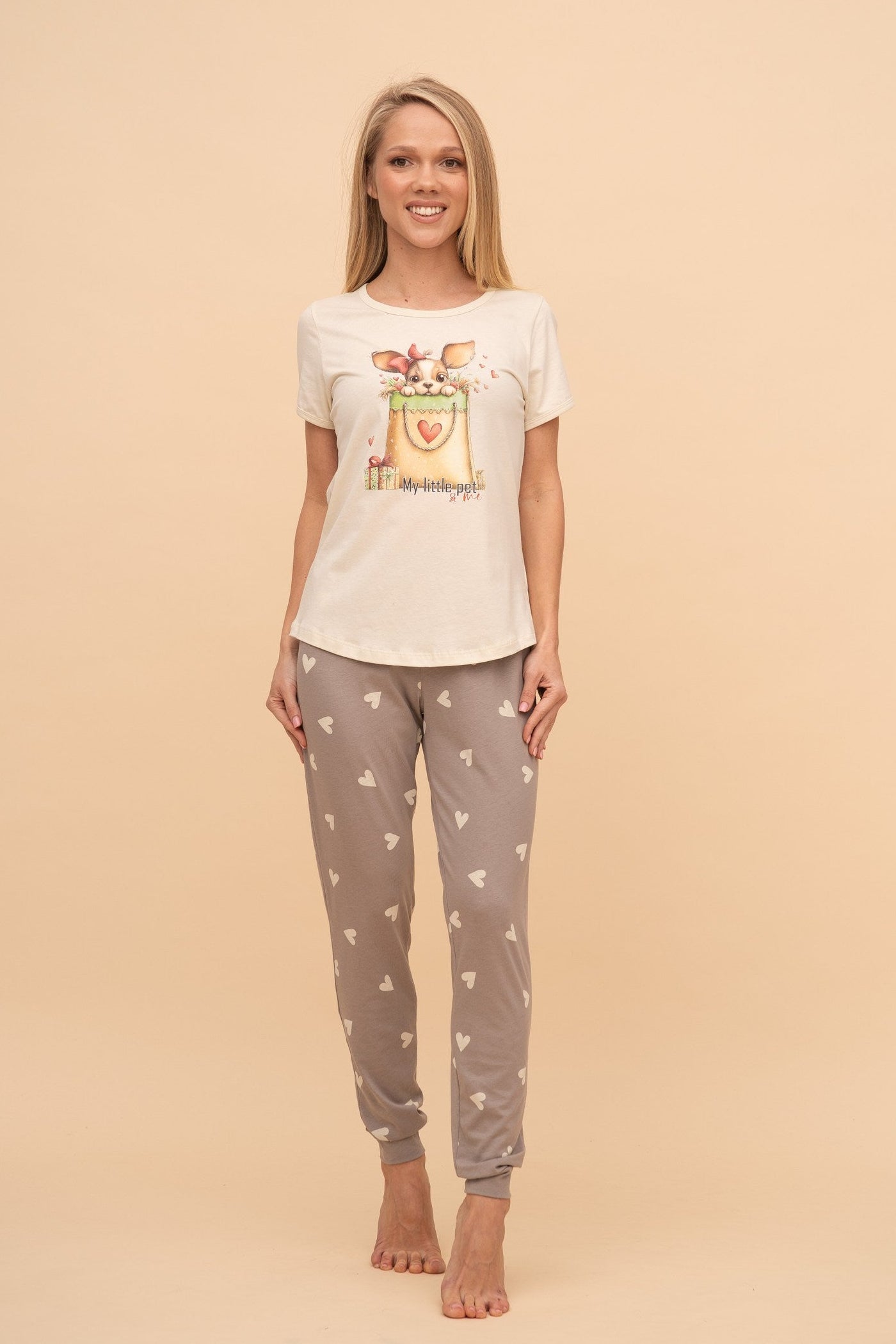 Pijama damă bumbac cu mânecă scurtă „My Pet and Me"