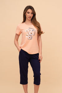 Pijama damă bumbac cu mânecă scurtă „Bloom Gently"