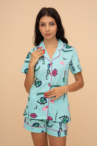 Set pijama damă bumbac cu mânecă lungă „Ink Mist"