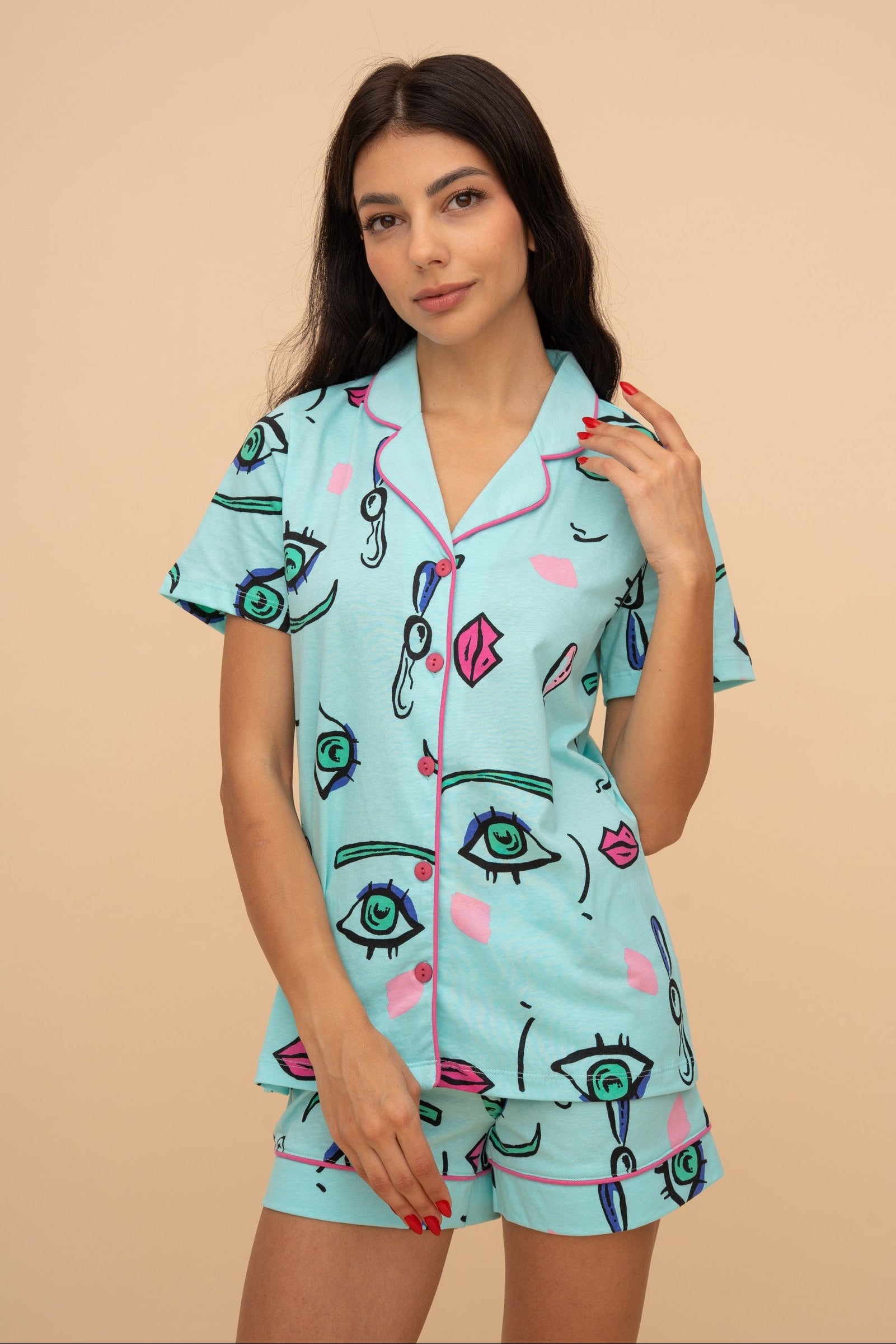 Set pijama damă bumbac cu mânecă lungă „Ink Mist"