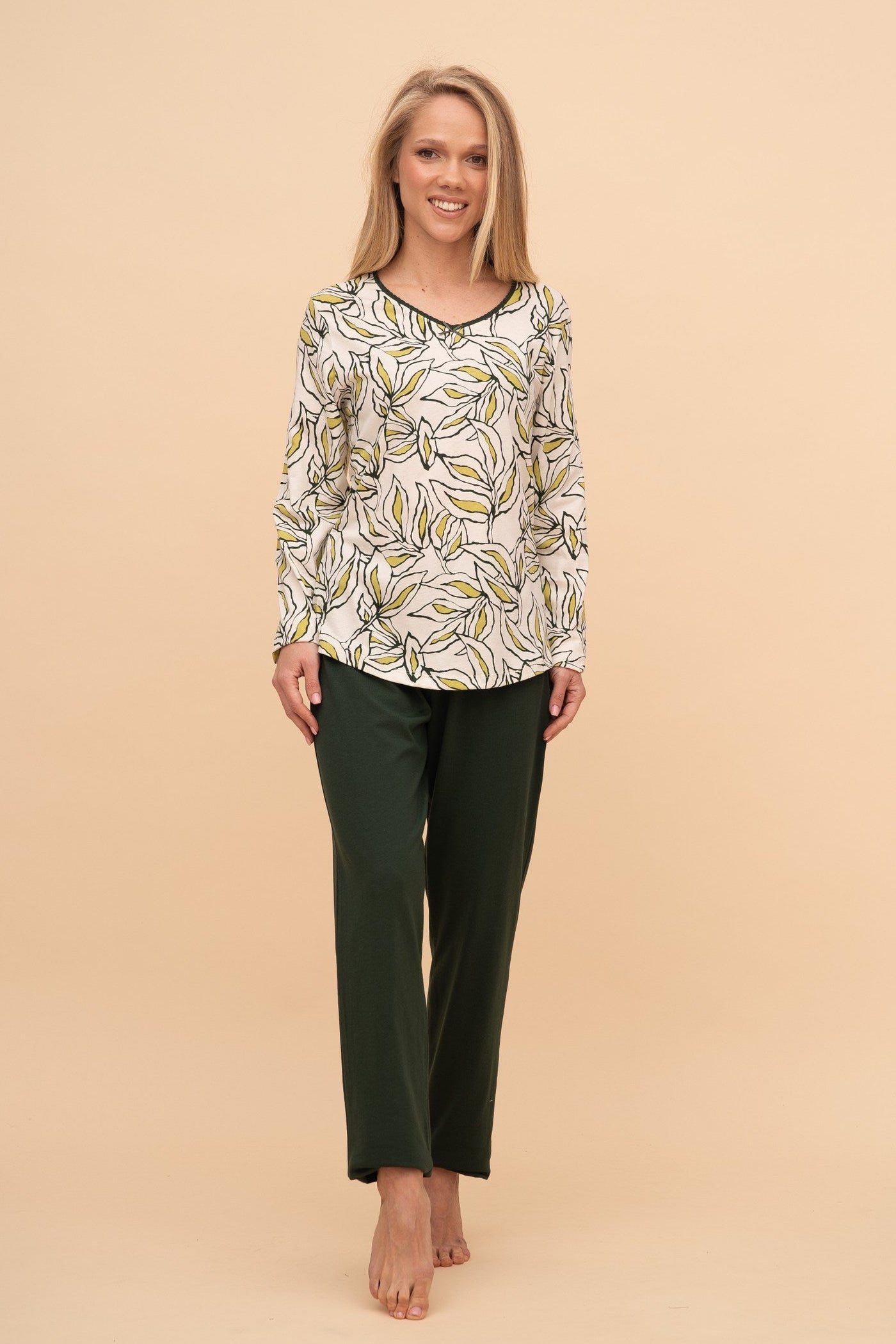 Pijama damă bumbac cu mânecă lungă „Green Life"