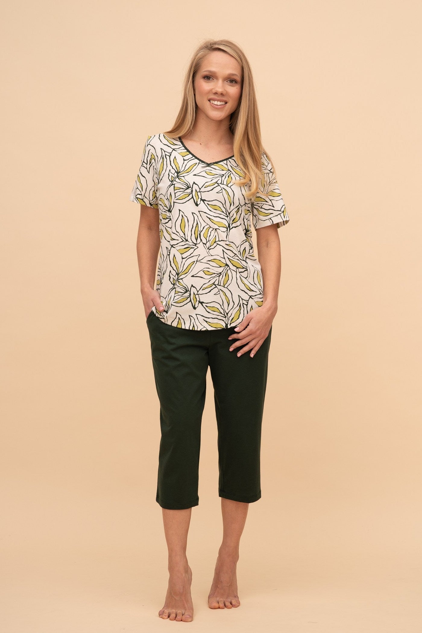 Pijama damă bumbac cu mânecă scurtă „Green Life"