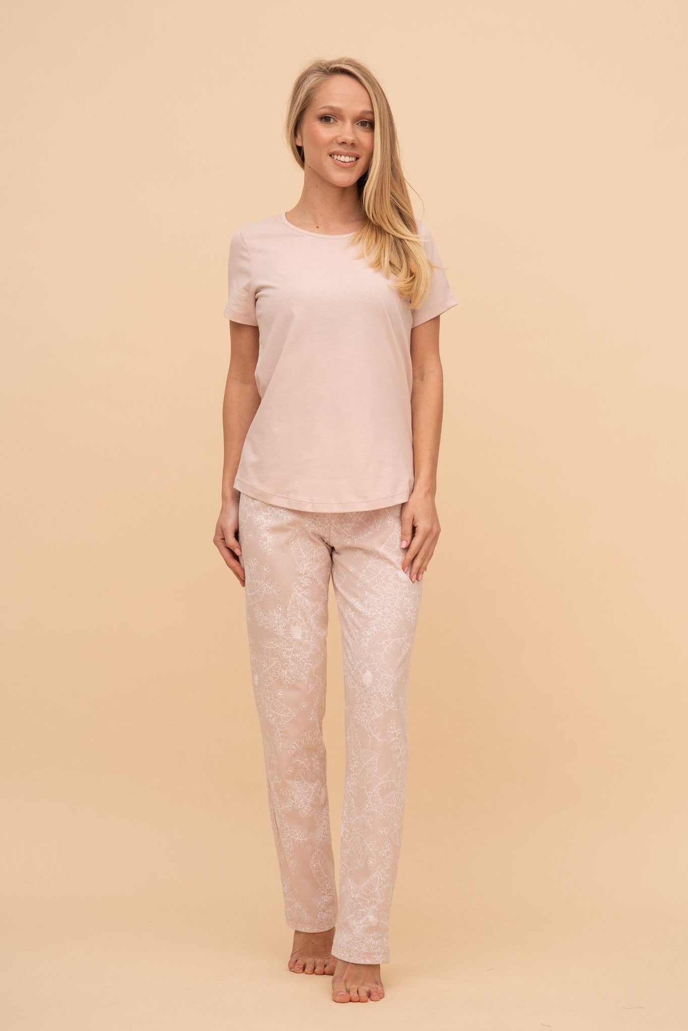 Pijama damă bumbac cu mânecă scurtă „Roz"