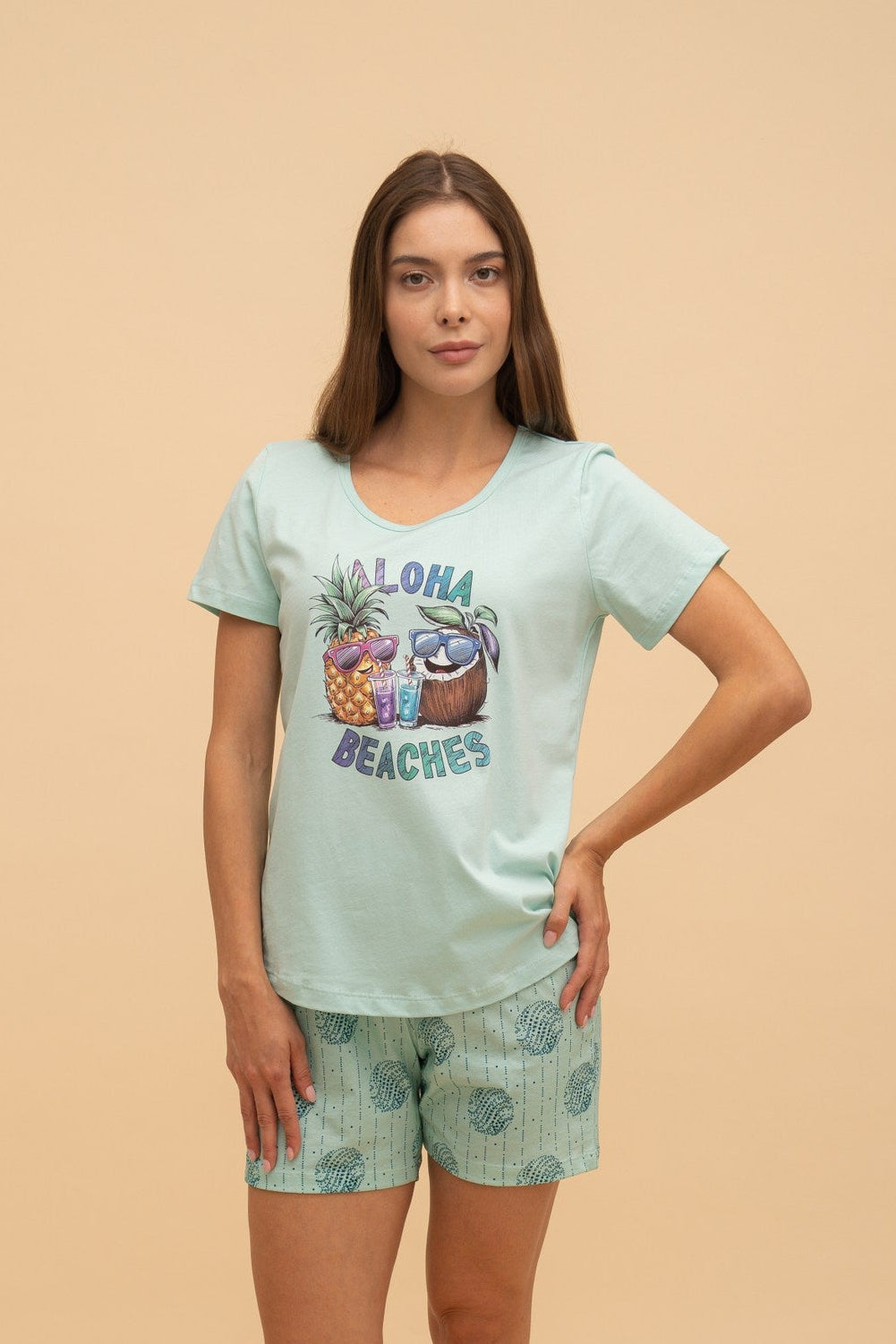 Pijama damă bumbac cu mânecă scurtă „Aloha Beaches"