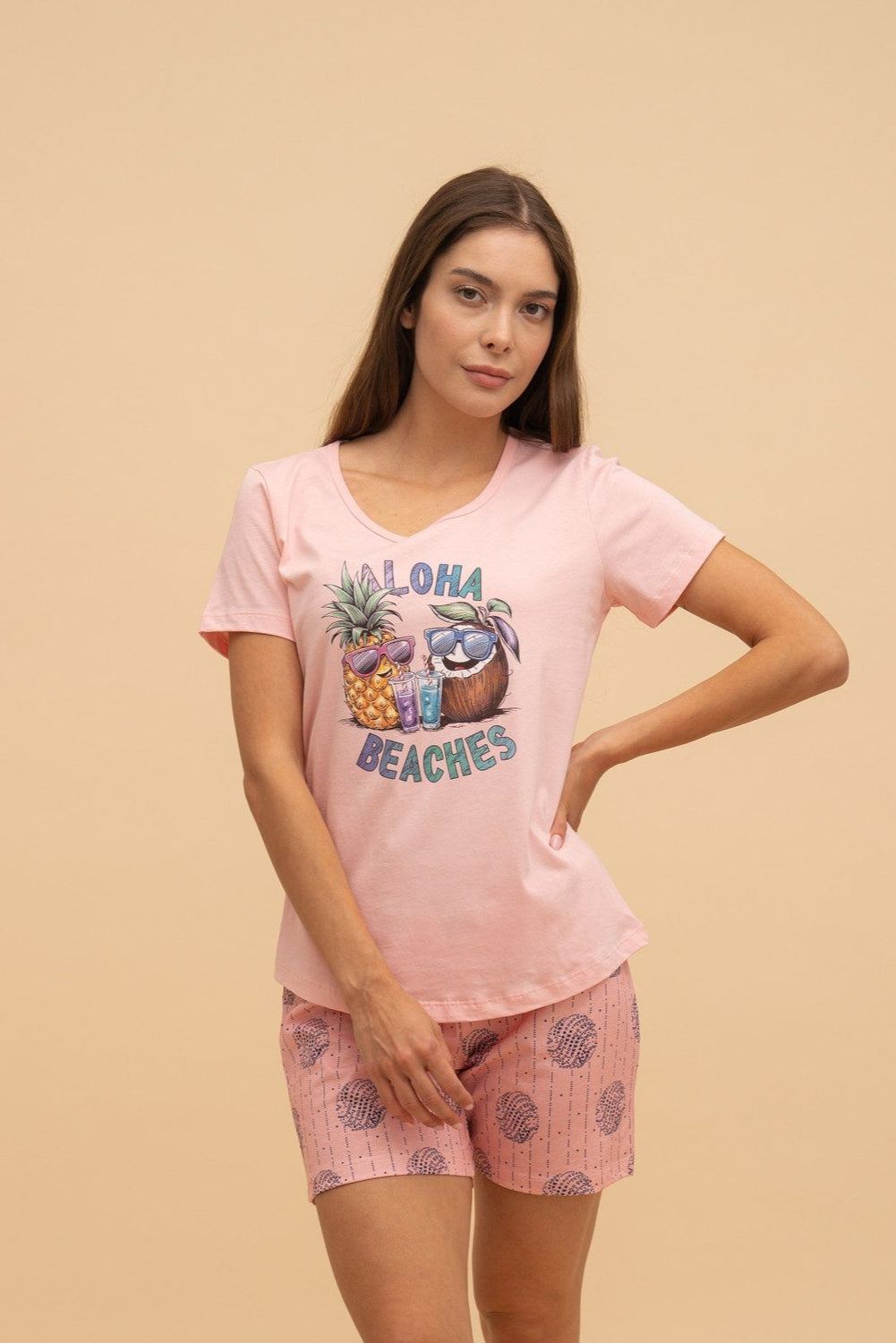 Pijama damă bumbac cu mânecă scurtă „Aloha Beaches"