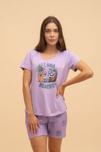 Дамска памучна пижама Иватекс Aloha beaches - лилава