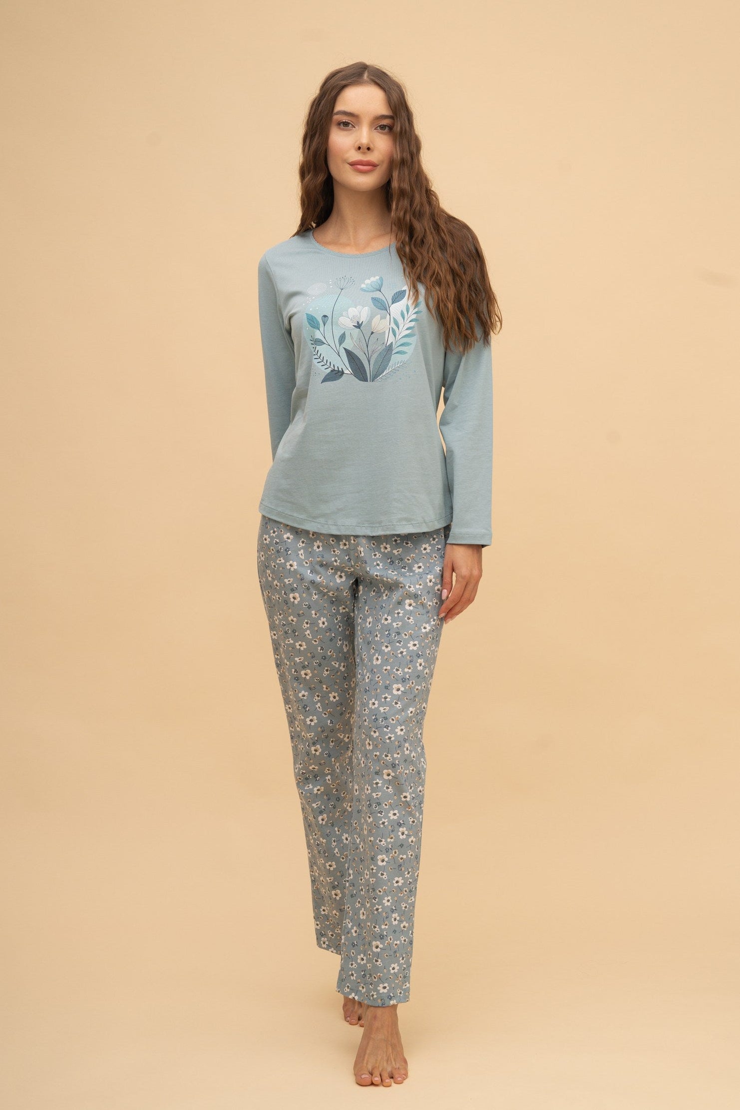 Pijama damă bumbac cu mânecă lungă „Blue Flowers” 