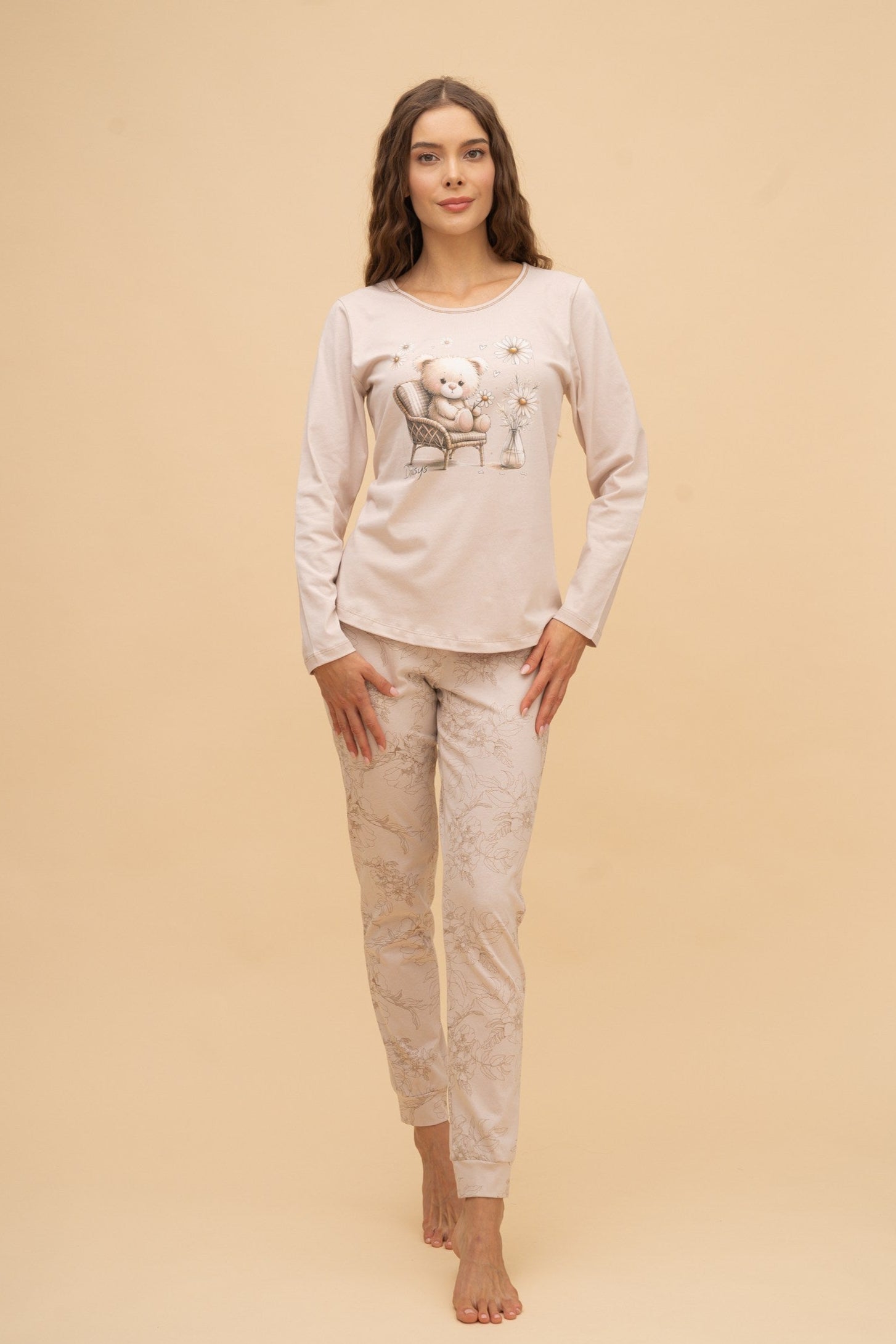 Pijama damă bumbac cu mânecă lungă „Daisy Bear” 