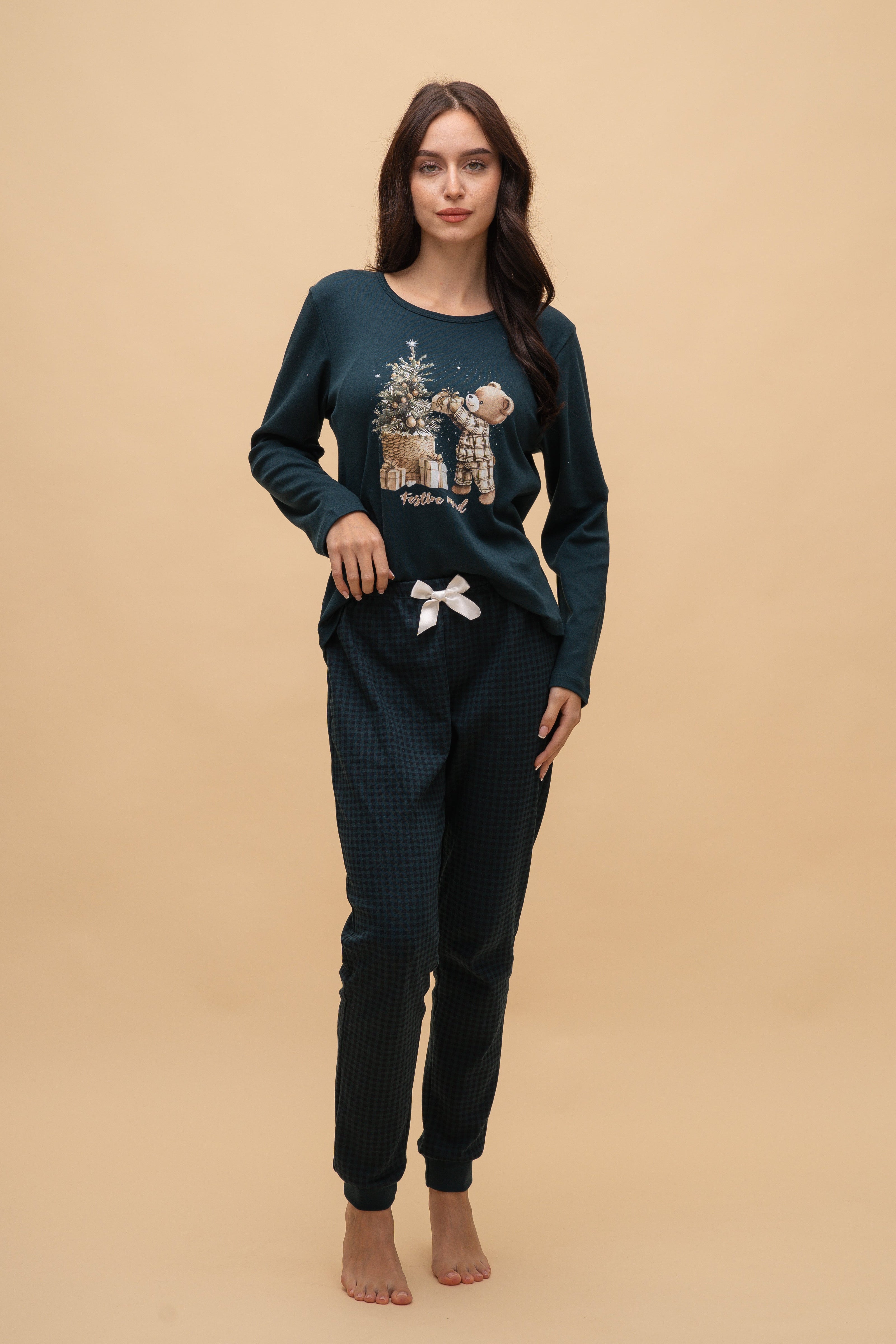 Pijama damă bumbac interlock cu mânecă lungă „Festive Mood"