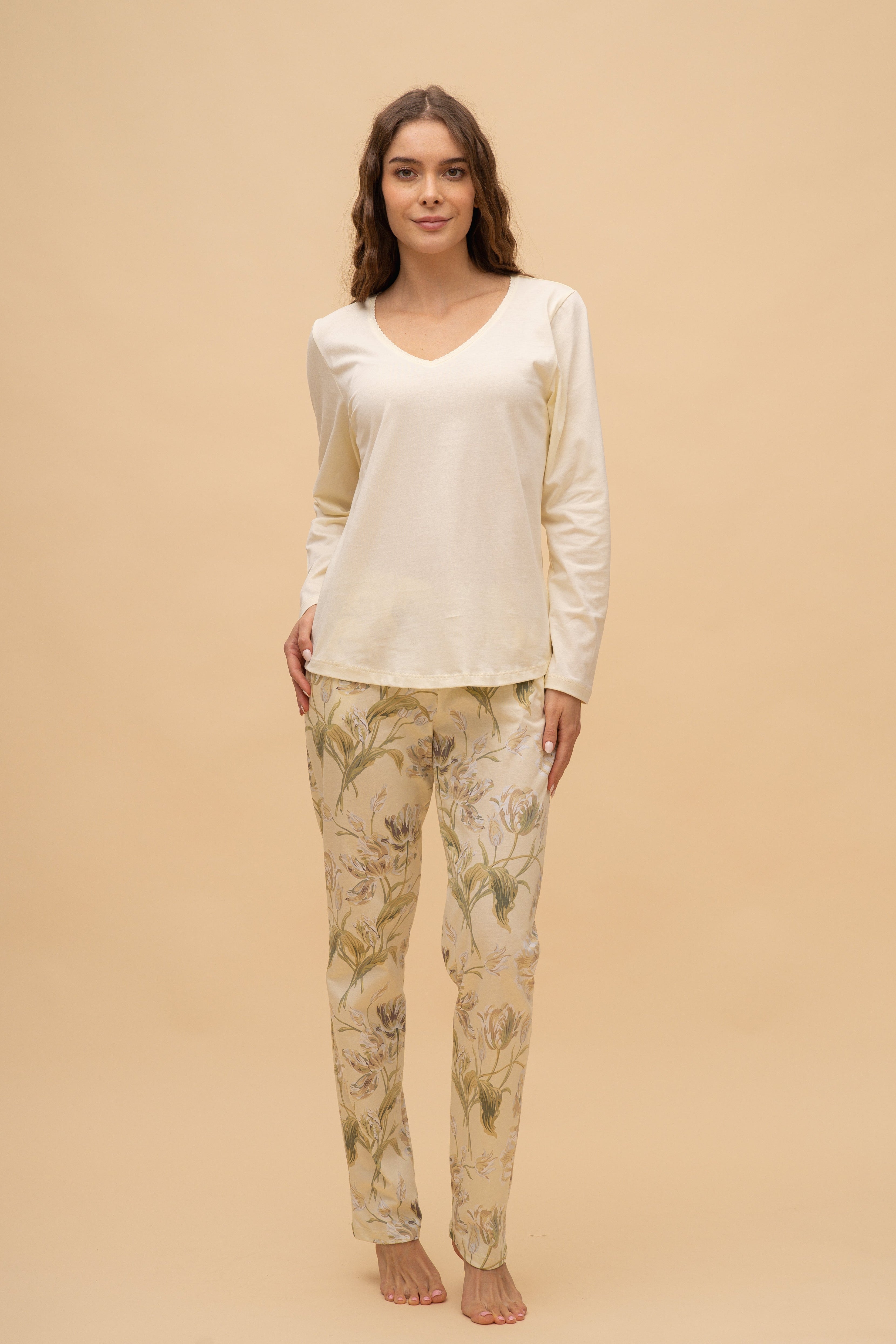 Pijama damă bumbac cu mânecă lungă „Flower Bottoms"