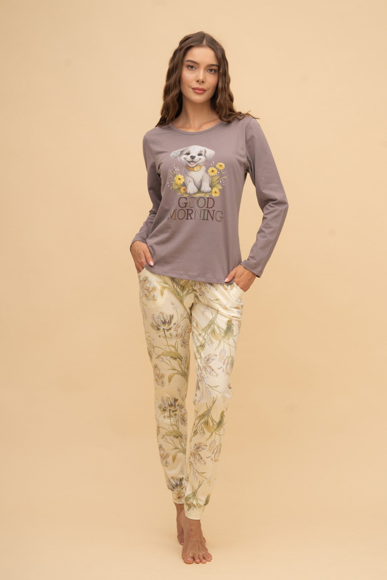 Pijama damă bumbac cu mânecă lungă „Good Morning” 