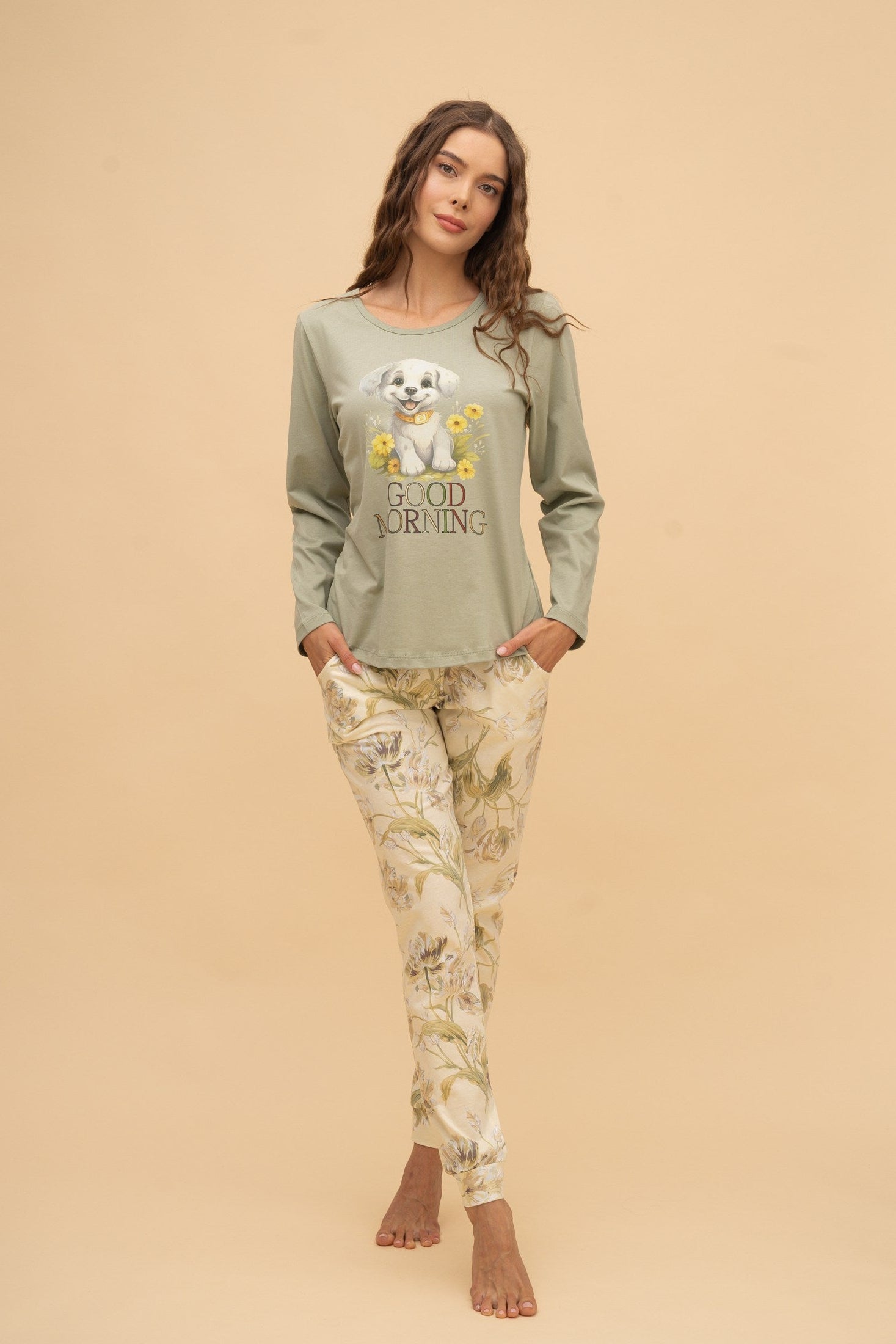 Pijama damă bumbac cu mânecă lungă „Good Morning” 