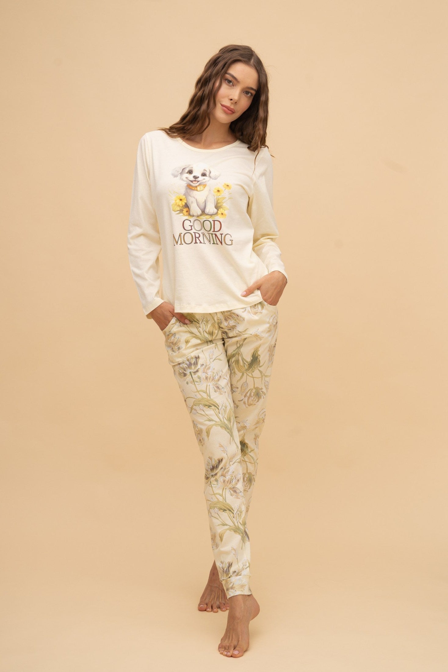 Pijama damă bumbac cu mânecă lungă „Good Morning” 