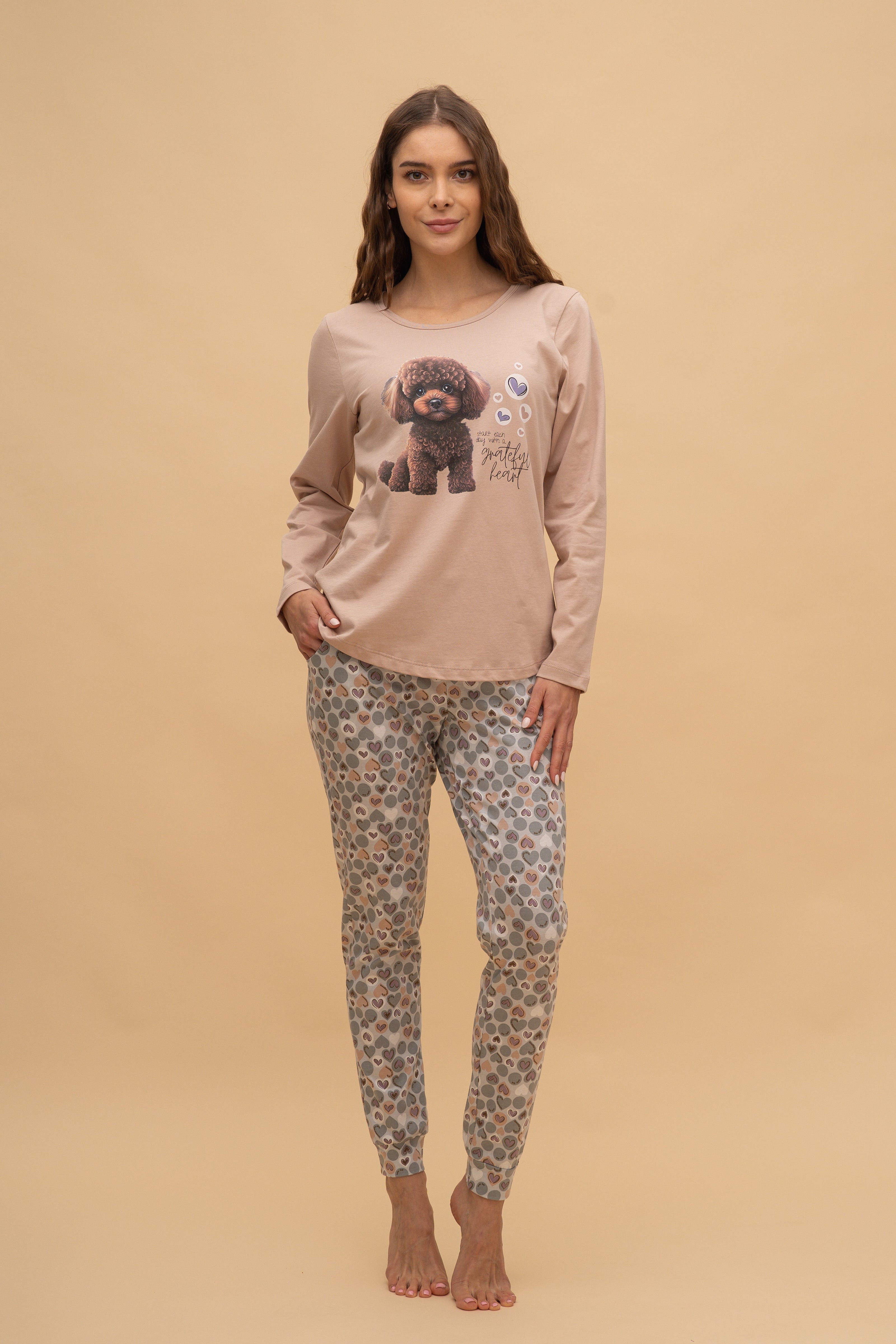 Pijama damă bumbac cu mânecă lungă „Grateful Heart"