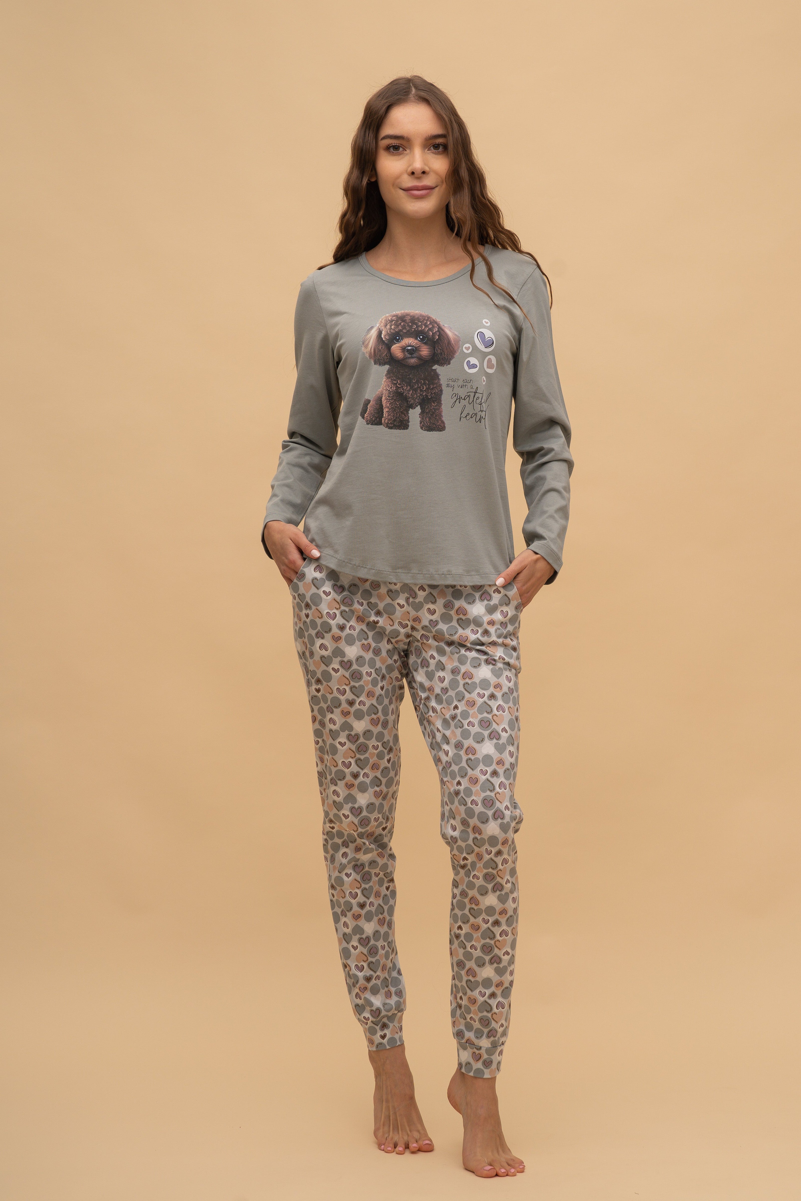 Pijama damă bumbac cu mânecă lungă „Grateful Heart"