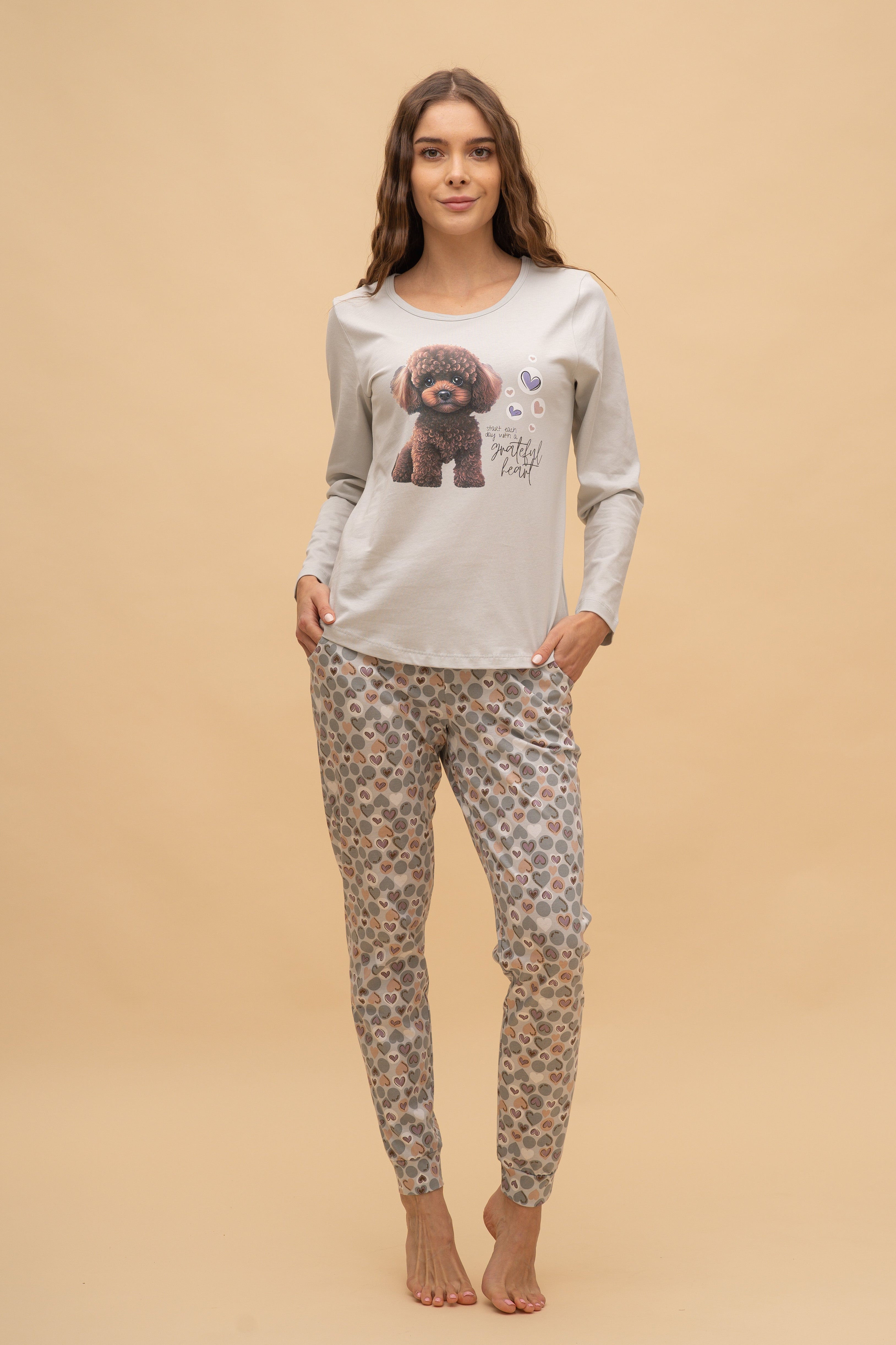 Pijama damă bumbac cu mânecă lungă „Grateful Heart"