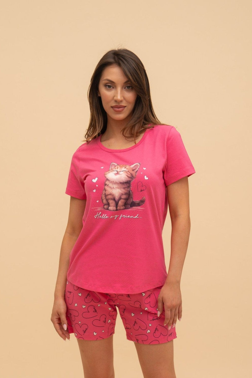 Pijama damă bumbac cu mânecă scurtă „Hello my friend"