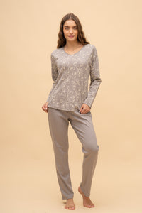 Pijama damă bumbac interlock cu mânecă lungă „Flowers"