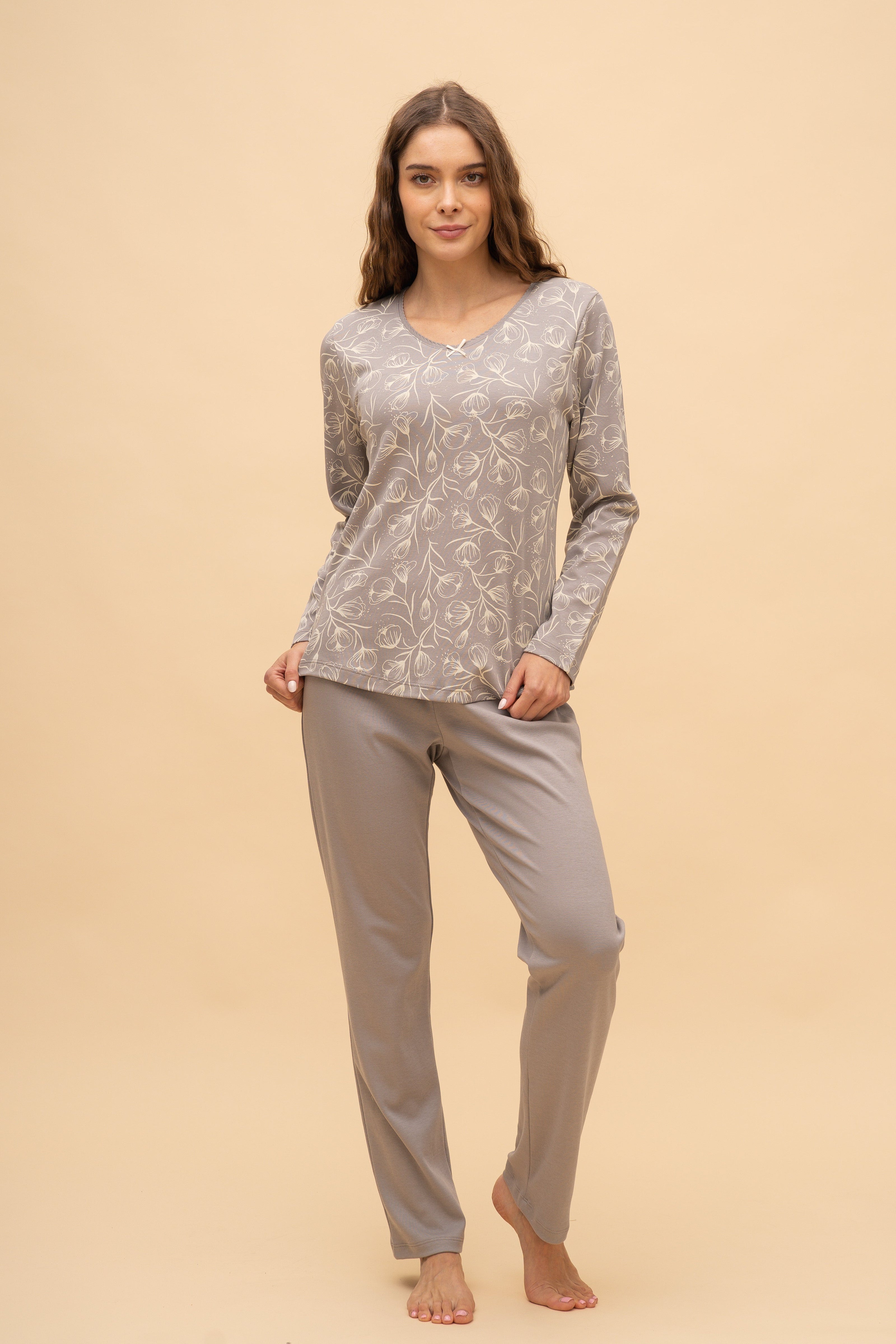 Pijama damă bumbac interlock cu mânecă lungă „Flowers"