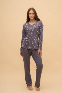 Pijama damă bumbac interlock cu mânecă lungă „Flowers"