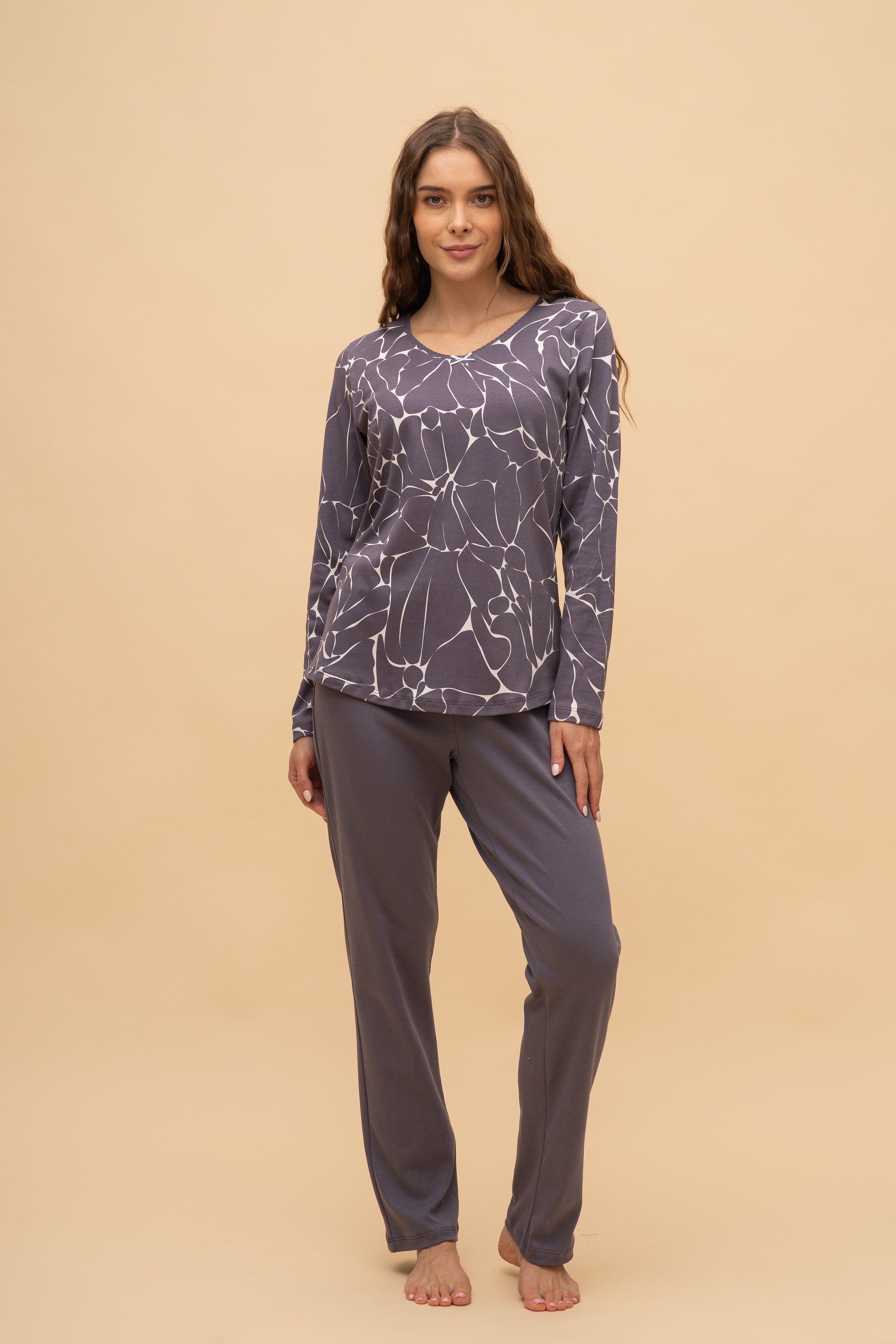 Pijama damă bumbac interlock cu mânecă lungă „Flowers"