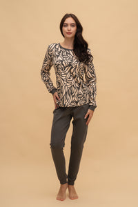 Pijama damă bumbac interlock cu mânecă lungă „Graphite Leaves"