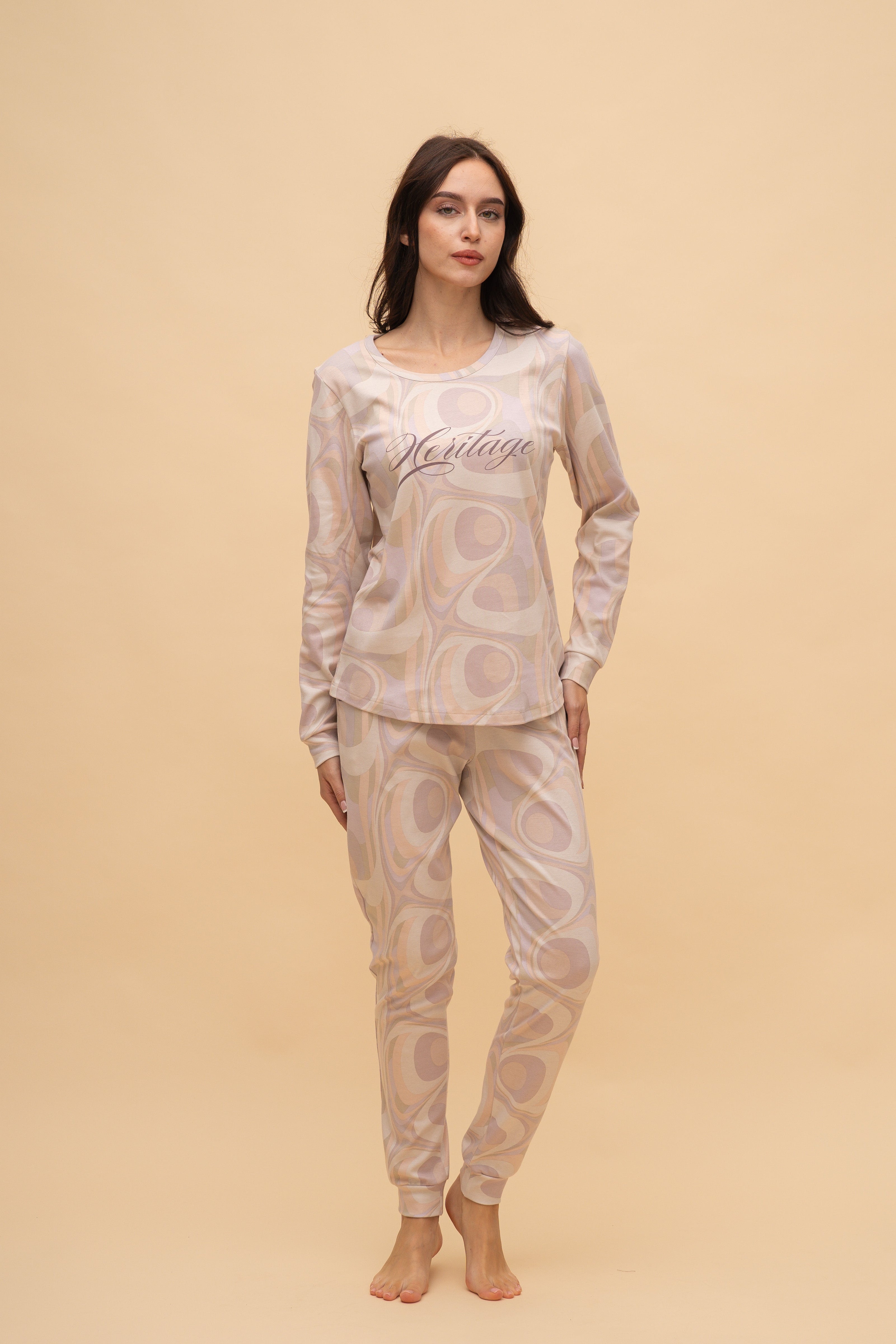 Pijama damă bumbac interlock cu mânecă lungă „Heritage"