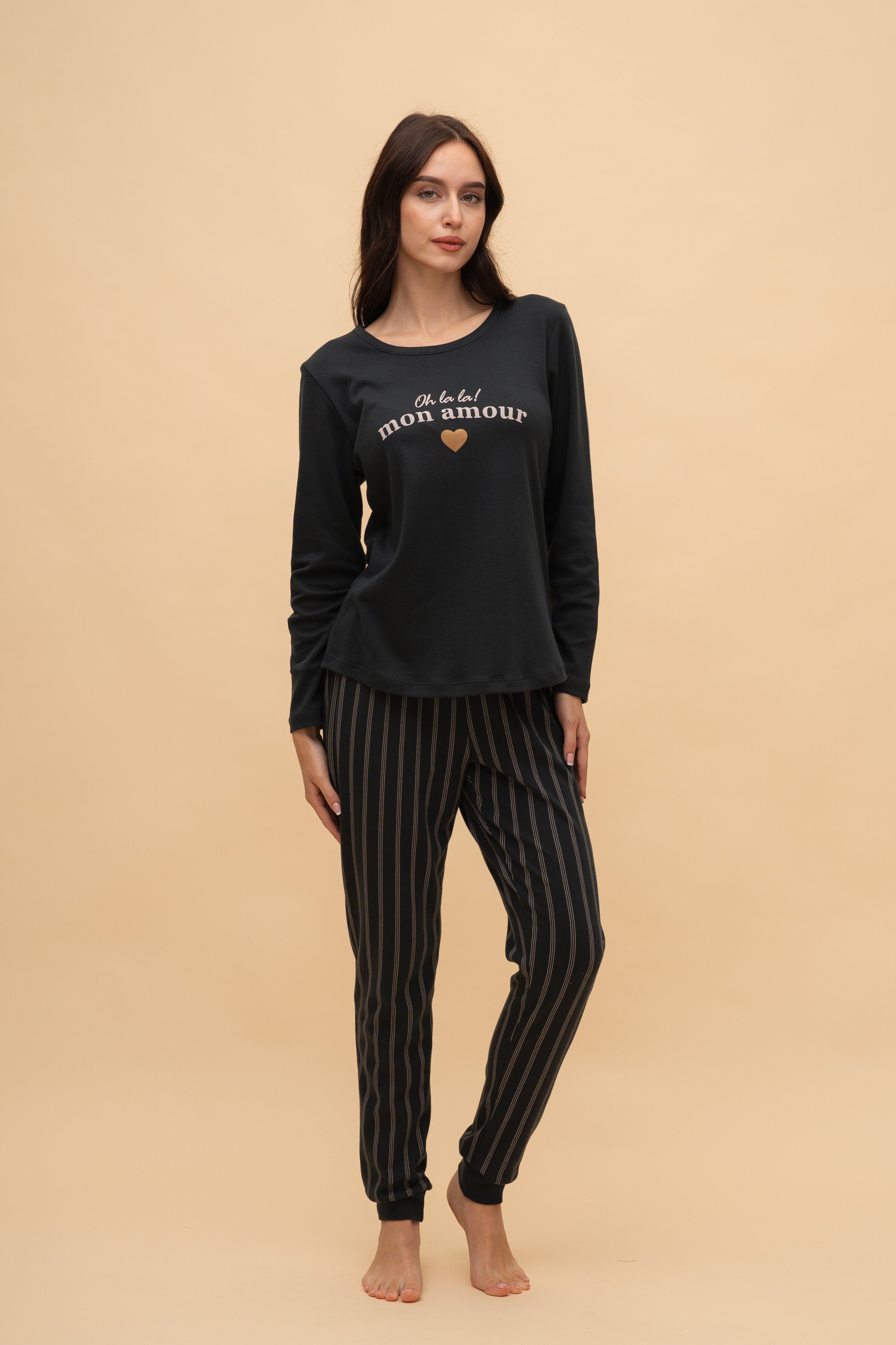 Pijama damă bumbac interlock cu mânecă lungă „Mon amour"