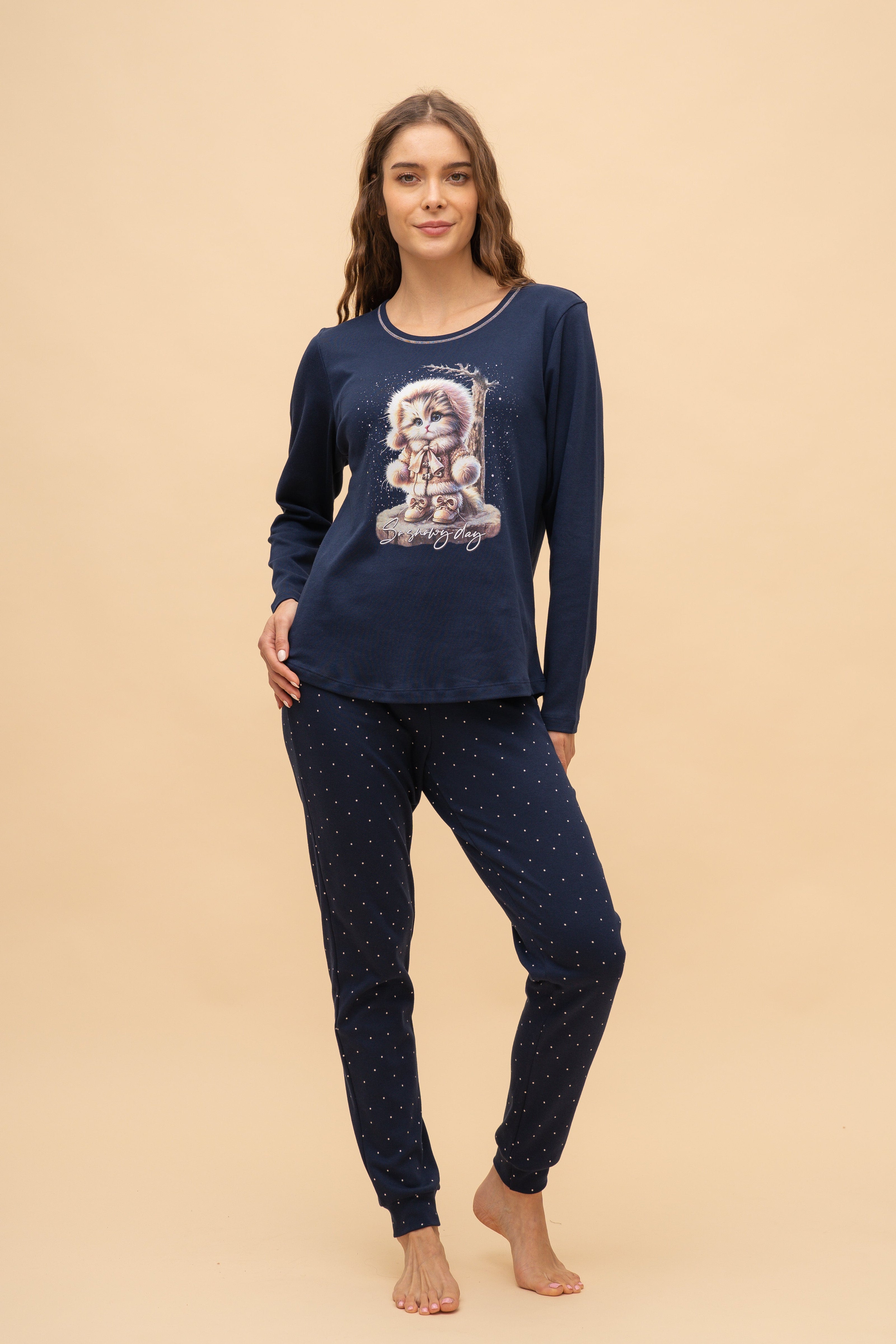Pijama damă bumbac interlock cu mânecă lungă „Snowy Day"