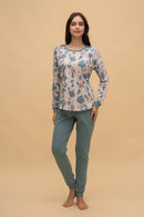Pijama damă bumbac interlock cu mânecă lungă "Teal Leaves"