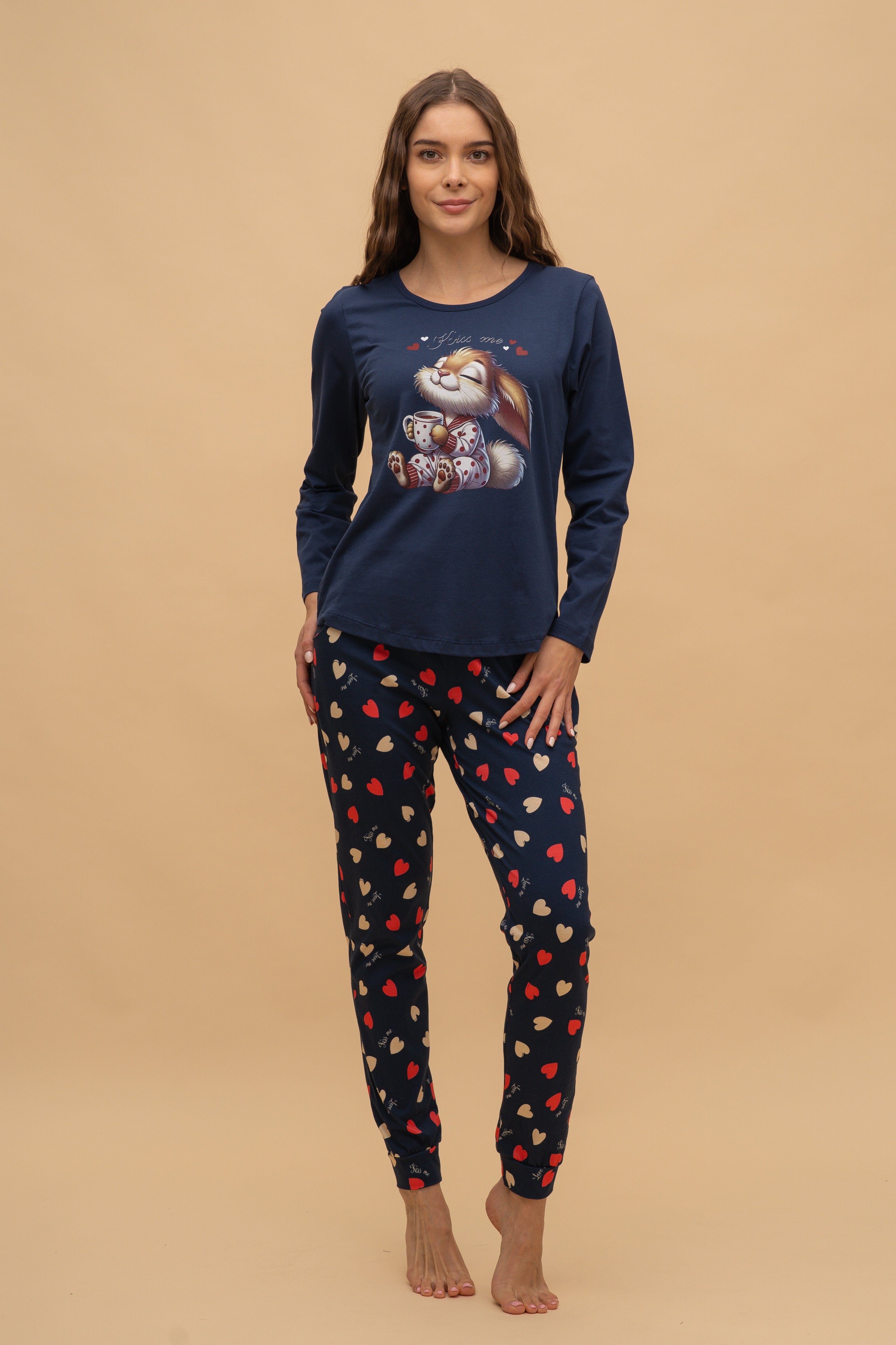 Pijama damă bumbac cu mânecă lungă „Kiss me"