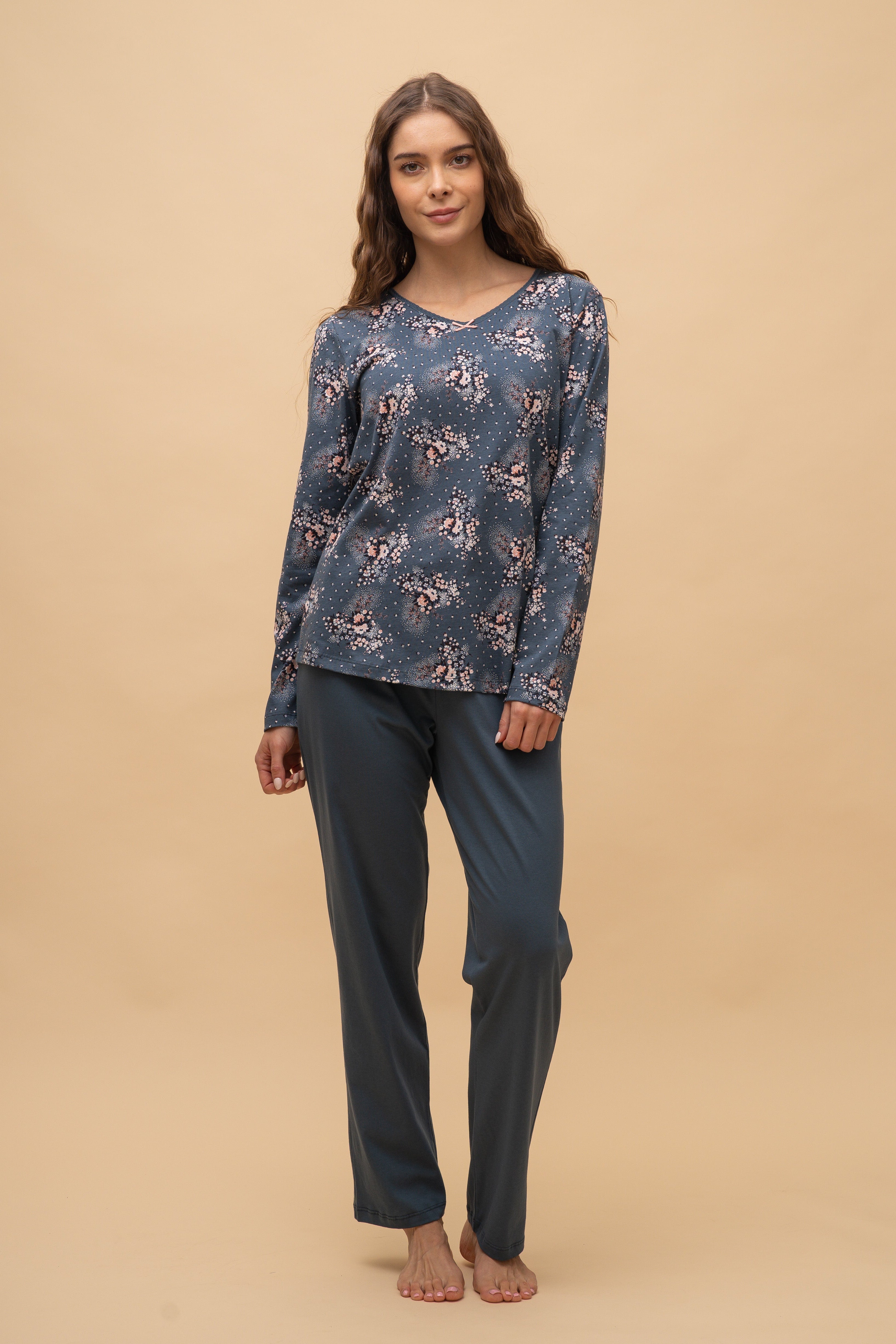Pijama damă bumbac cu mânecă lungă „Leafy"