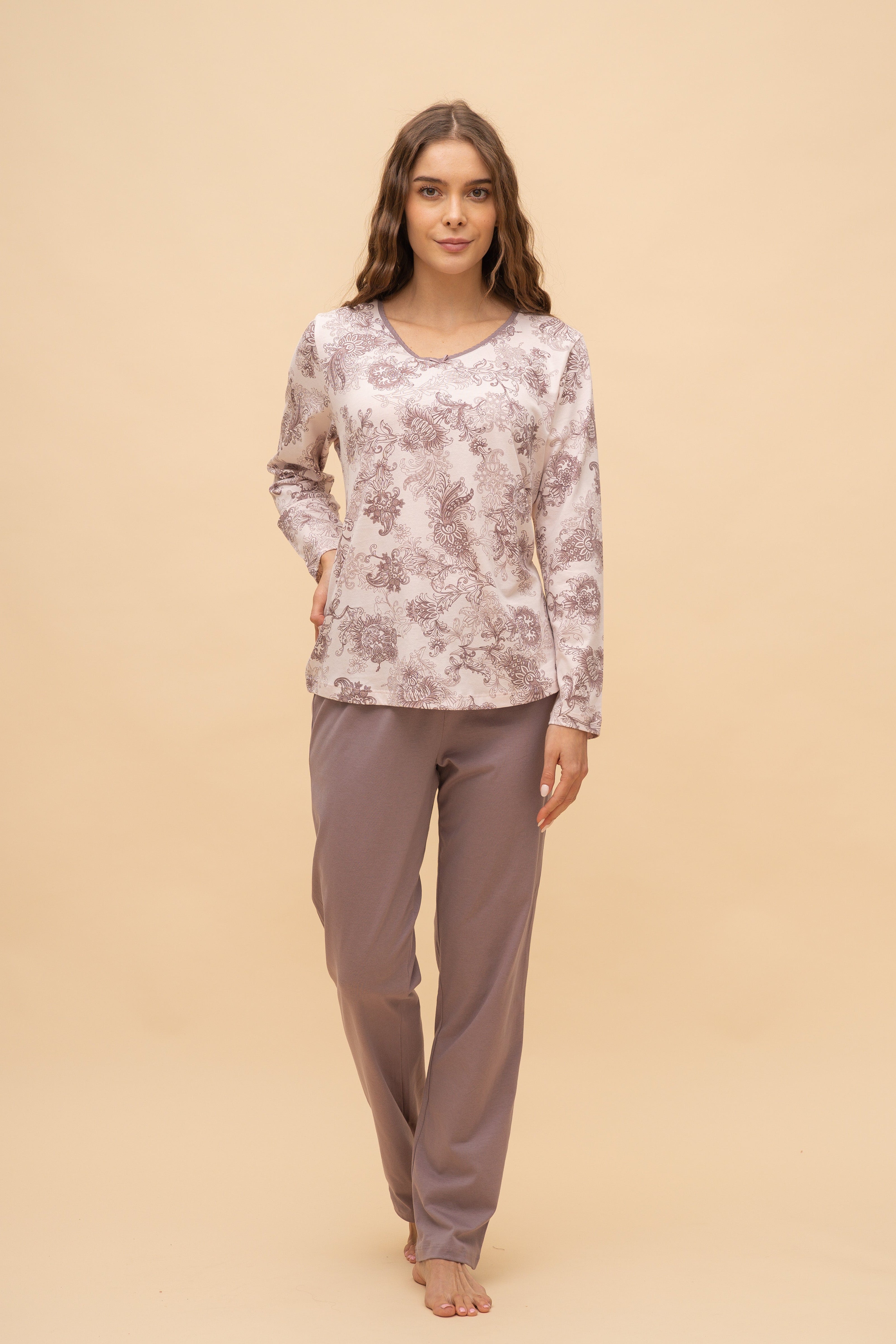 Pijama damă bumbac cu mânecă lungă „Leafy"