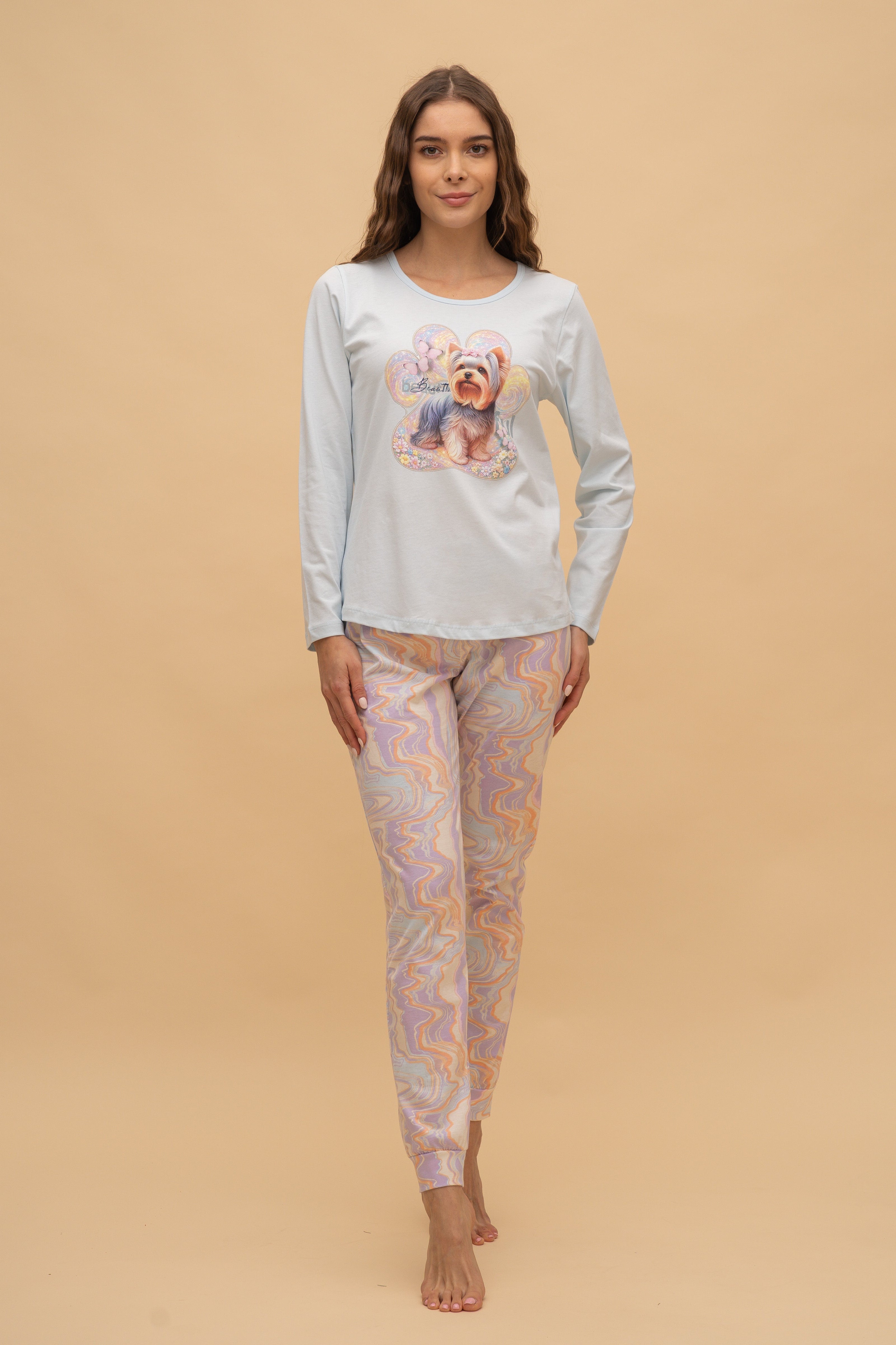 Pijama damă bumbac cu mânecă lungă „Lucid"