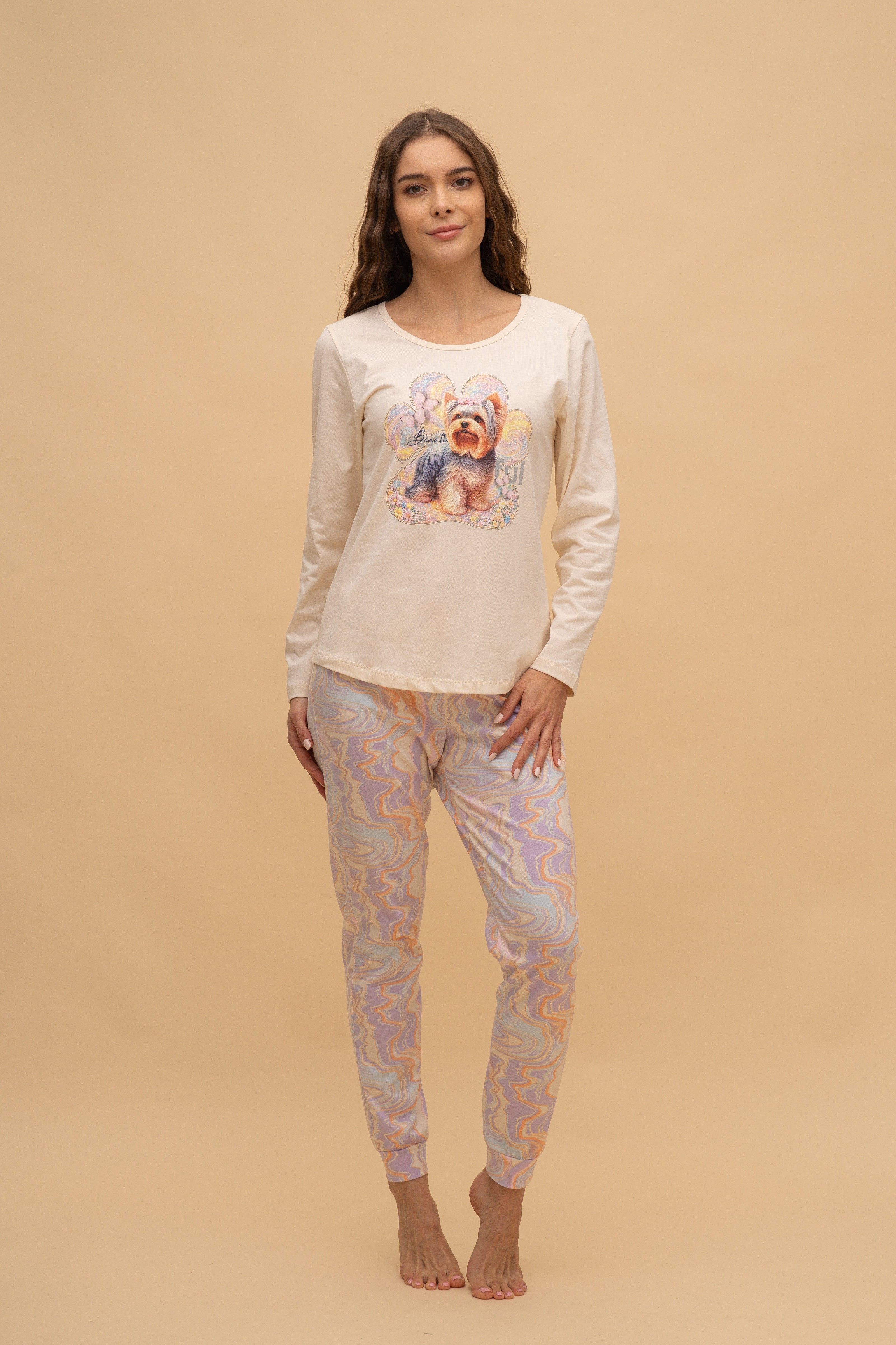 Pijama damă bumbac cu mânecă lungă „Lucid"