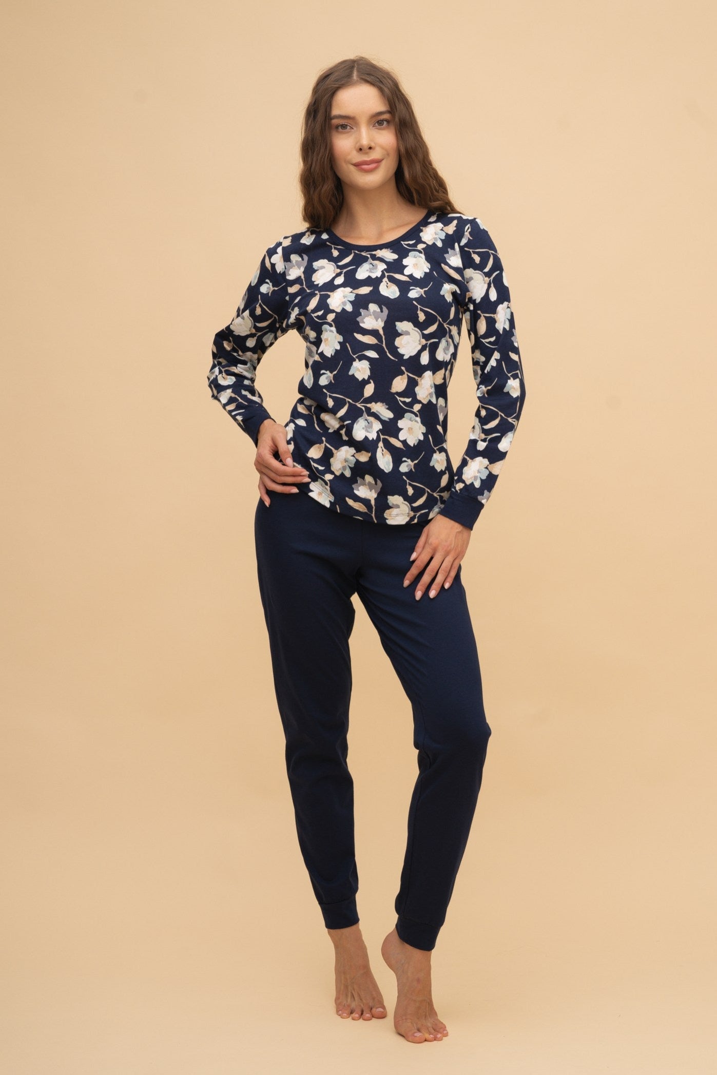 Pijama damă bumbac cu mânecă lungă „Navy Magnolia” 