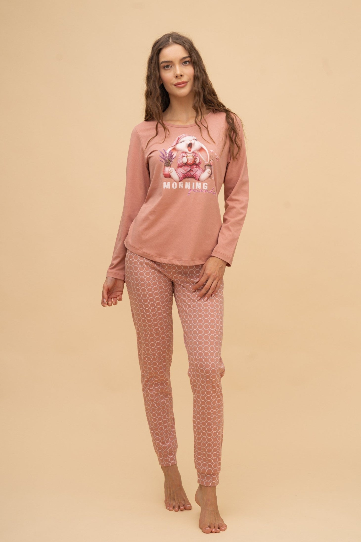 Pijama damă bumbac cu mânecă lungă „Morning Friends” 