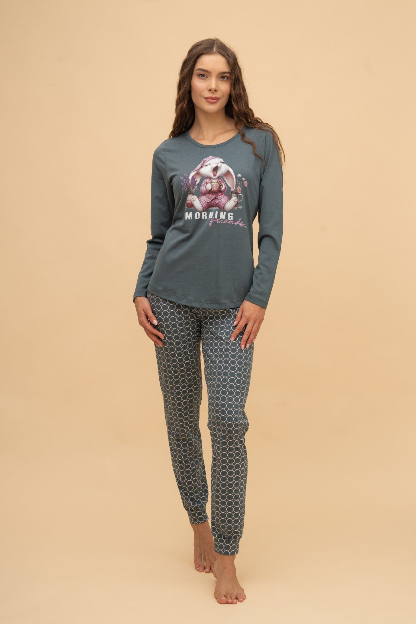 Pijama damă bumbac cu mânecă lungă „Morning Friends” 