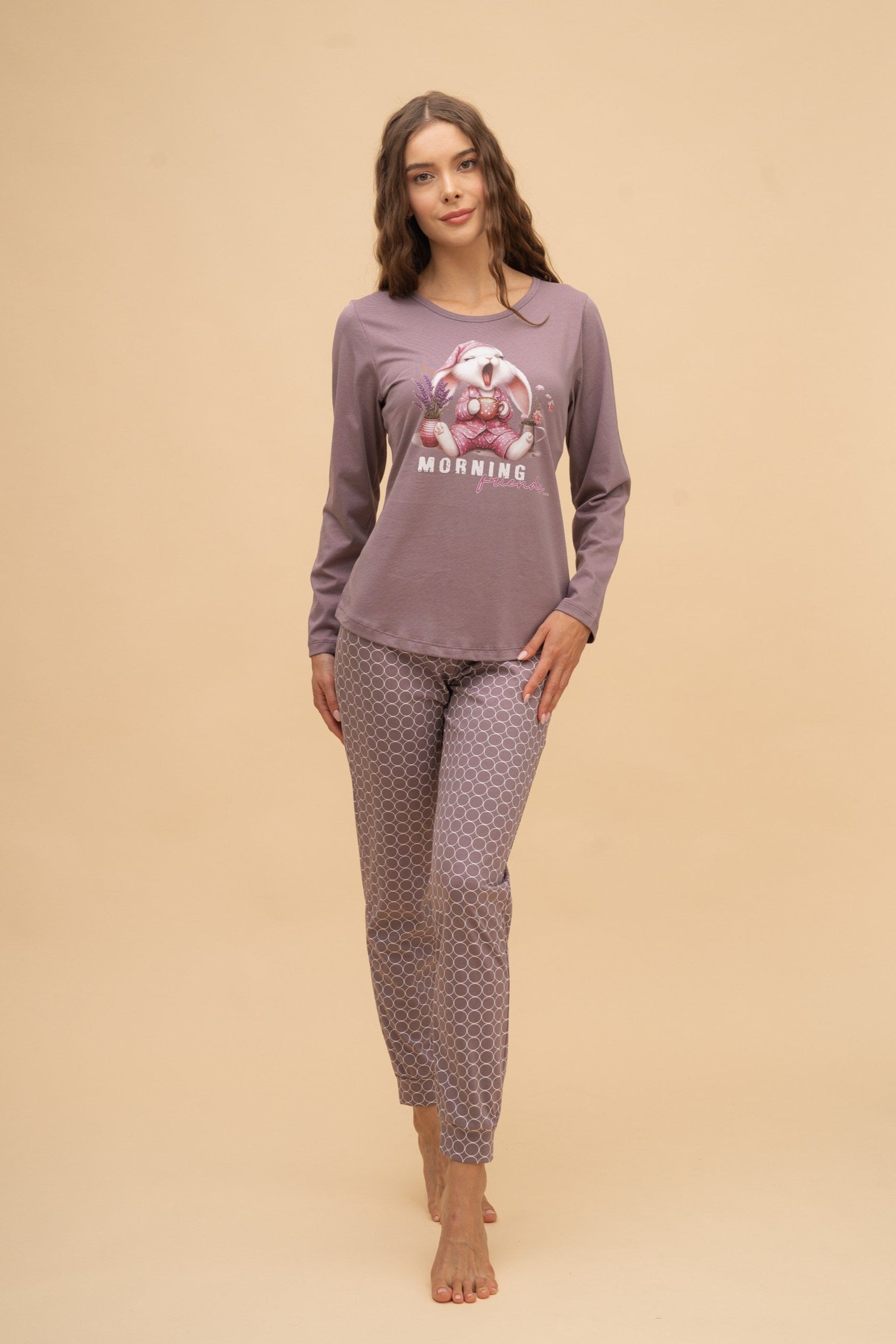 Pijama damă bumbac cu mânecă lungă „Morning Friends” 