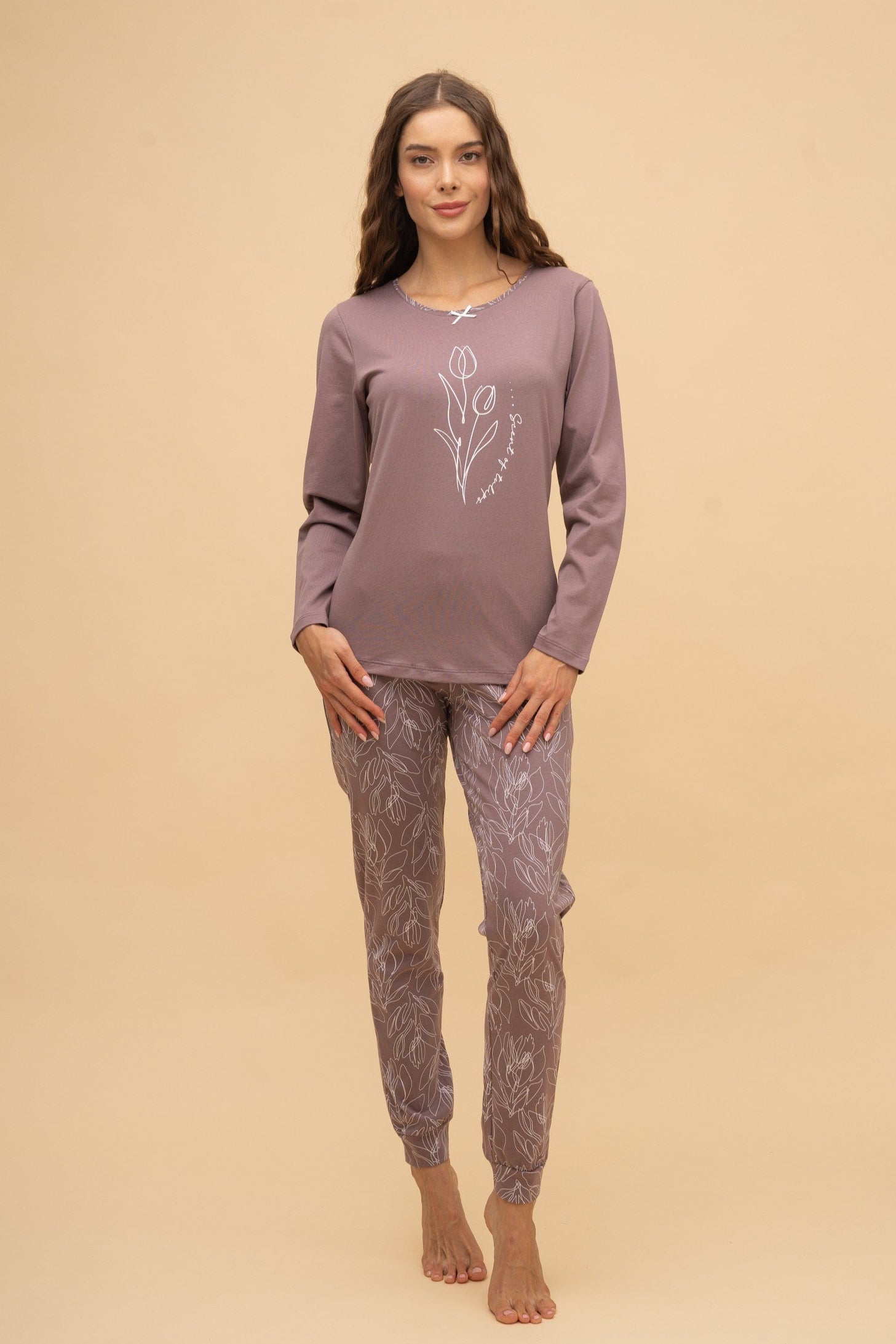 Pijama damă bumbac cu mânecă lungă „Scent of Tulips” 