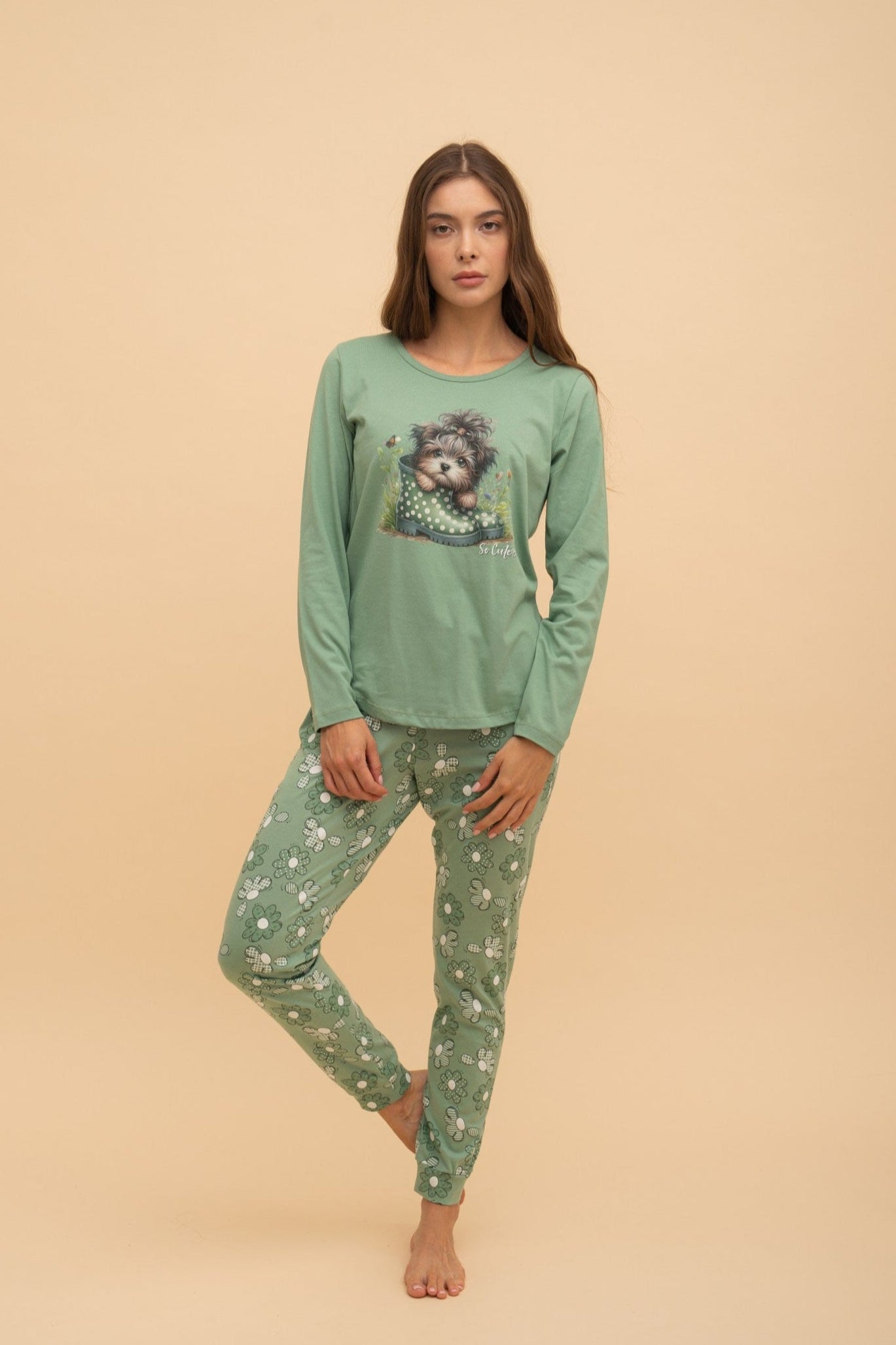 Pijama damă bumbac cu mânecă lungă „So cute"