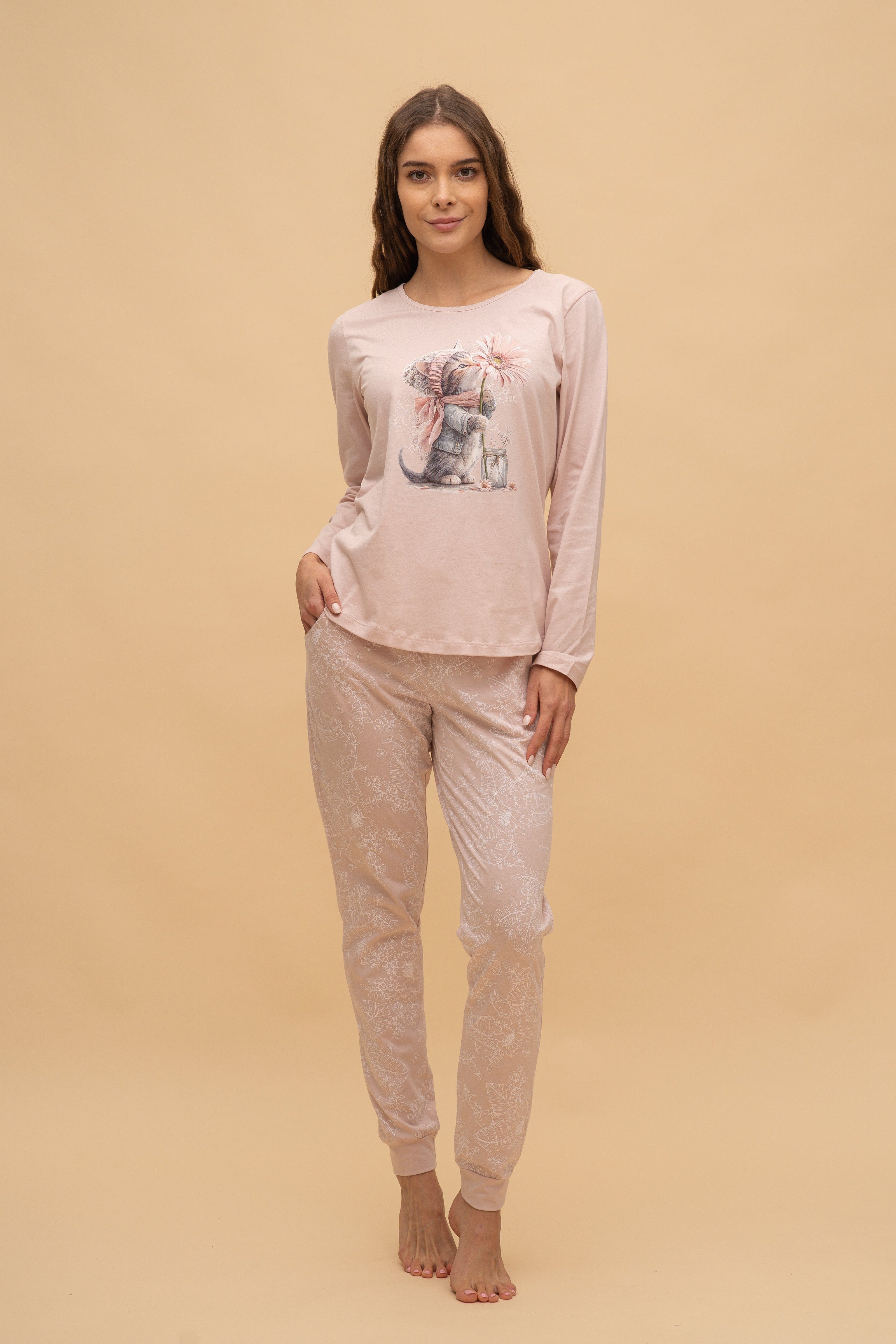 Pijama damă bumbac cu mânecă lungă „Winter Kitty"